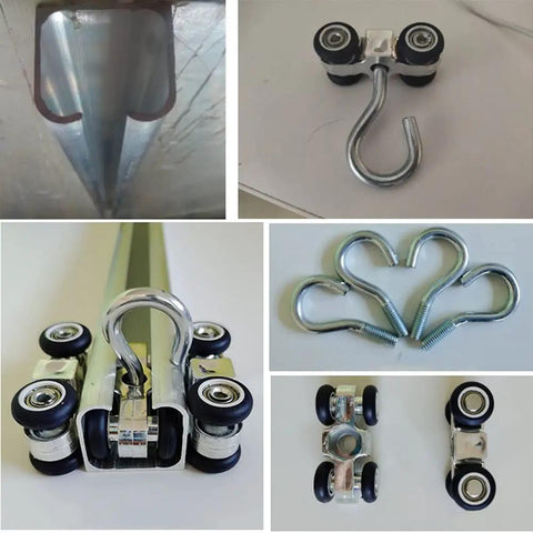 Track System Divider Curtain hardware, including rolling hooks and aluminum track for easy installation in garage or workshop.