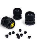 Beefy Waterproof Nylon Cable Glands With Multi Hole Insert For Electrical Enclosures, 3 Holes, Pack Of 3, IP67 Rated, Black