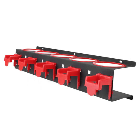Heavy Duty Wall Mounted Spray Bottle Rack With 5 Plastic Hanging Hooks for car wash detailing tools and cleaning supplies.