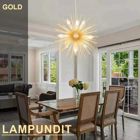 9 Light Gold Sputnik Chandelier For Living Room Bedroom Dining Room Kitchen Hallway Office Fully Dimmable Ceiling Light Fixture With Modern Firework Dandelion Design That Makes Your Space Pop in dining room.