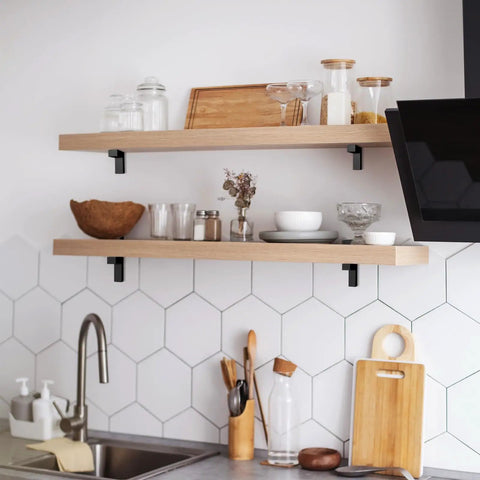 Tough As Nails Heavy Duty Floating Shelf Brackets Set Of Four Adjusts Securely To Glass And Wood Supports 25 Pounds Per Pair Premium Zinc Alloy With Polished Chrome Finish For Bathroom Remodels on stylish kitchen shelves.