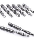 Heavy Hitter Hex Shank Drill Tap Bit Set With Split Point Tips For Smoother Tapping, showing 5pc HSS drill taps on white background.