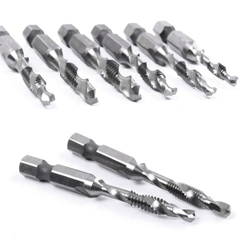 Heavy Hitter Hex Shank Drill Tap Bit Set With Split Point Tips For Smoother Tapping, showing 5pc HSS drill taps on white background.