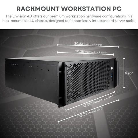 Bad Boy 4U Rackmount Workstation Running Snappy Ryzen 9 9950X Chipset Nvidia Rtx Pro 6000 Graphics with dimensions marked.