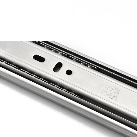 Close-up of Stainless Steel Drawer Slides Soft Close With Smooth Ball Bearing Glide Three Section Rails For Cabinets fits 10-22 inch drawers.