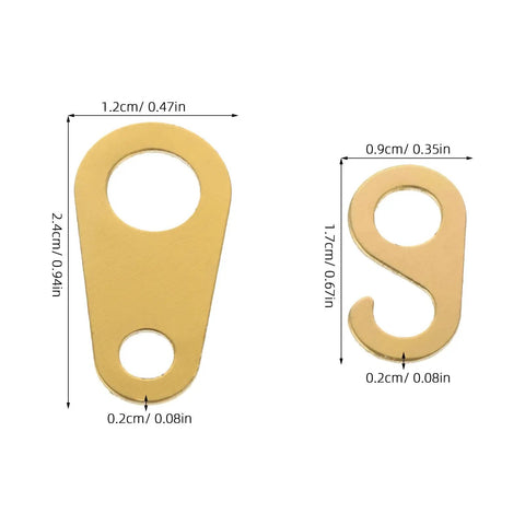 8 Piece Weight Driven Clock Chain Hook Set For Antique Grandfather Floor Clocks showing two golden metal hooks with measurements