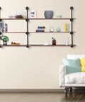Industrial Iron Pipe Shelving Brackets Unit For Farmhouse Wall Mounted Shelves with decor in living room, four-tier.