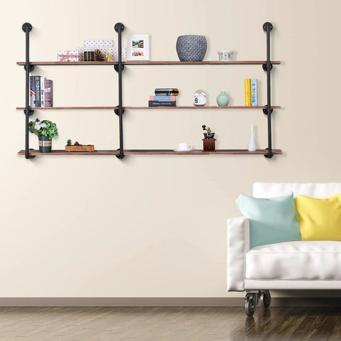Industrial Iron Pipe Shelving Brackets Unit For Farmhouse Wall Mounted Shelves with decor in living room, four-tier.