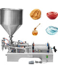 Semi Automatic Pneumatic Piston Filling Machine With Dual Nozzles And Foot Pedal Operation For Oils Creams Lotions And Honey Up To One Thousand Milliliter, showcasing various liquid samples.