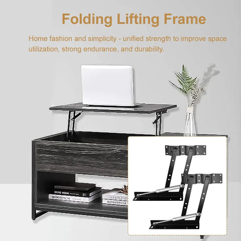 Built Tough Pneumatic Coffee Table Lift Mechanism Kit With Heavy Hitter Steel Brackets For Rock Solid Performance And Seamless Transforming Table Tops Handling Up To 100 Pounds Reliability, showing black lifting frame with laptop.