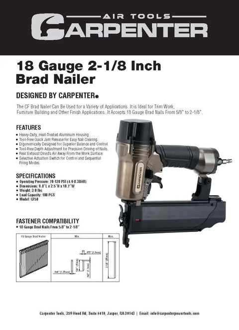 Heavy Duty Pneumatic Brad Nailer delivers top notch performance with precision depth settings for trimming and finish carpentry work.