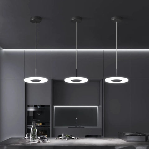 Dope Modern Black Pendant Lights Set Of 3 With LED 6000K Cool White Ceiling Fixtures in a minimalist gray kitchen