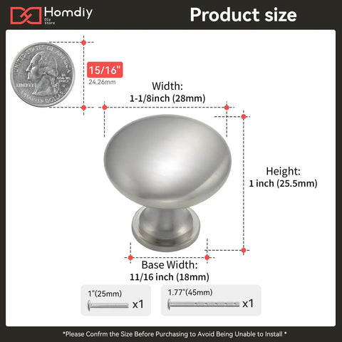 30 Pack Brushed Nickel Cabinet Knobs Set For Cabinets And Drawers Zinc Alloy Hardware Durable Rust Resistant Kitchen Pulls One And One Eighth Inch Round Knobs With Two Screw Size Options Easy Install Modern Dresser Drawer Knobs with size details