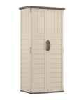 Vertical Outdoor Storage Shed For Long Handled Tools And Garden Gear In Vanilla, all-weather plastic construction shown closed