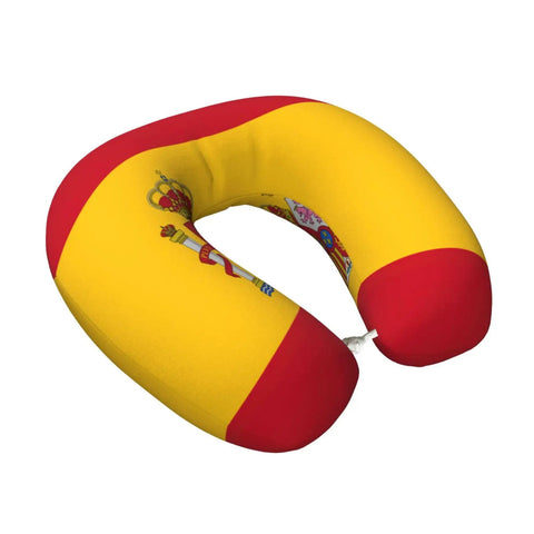 Spanish Flag Print U Shaped Travel Pillow With Memory Foam Core For Napping On Planes Cars Trains Home Or Office And Cervical Neck Support For Relaxed Comfort.