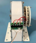 Side view of a 100W Coreless Disc Hydro Generator for home use, featuring transparent housing, durable PE impeller, and PP casing.