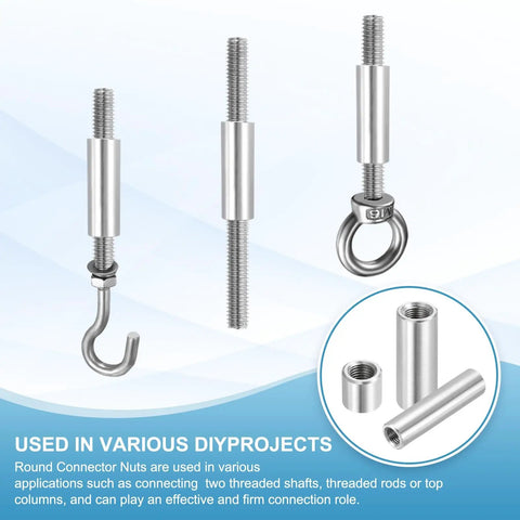 Beefy M12x1.25 Fine Thread Round Coupling Nuts 304 Stainless Steel 2 Pack 50mm Length Silver Tone Connector Sleeve on threaded rods