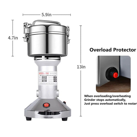 Powerhouse 900W High Speed Grain Mill Grinder 150g Stainless Steel with overload protector and dimensions