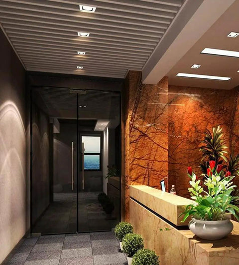 Recessed LED Ceiling Light, Downlight illuminating hallway with sleek design, enhancing modern decor and atmosphere.