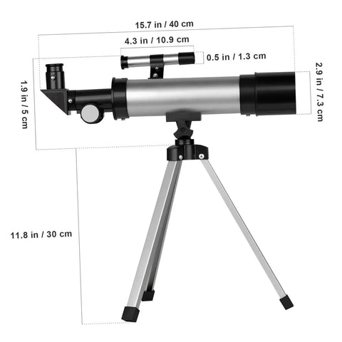 Adjustable Refractor Telescope With Tripod For Beginners And Adults Aluminum Alloy Space Telescope with dimensions labeled