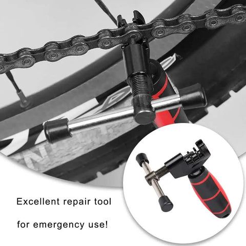Universal Bike Chain Tool And Breaker For Road And Mountain Bikes shown with chain attached, compact portable design in use.