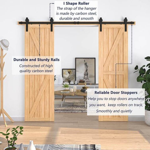 13 Foot Sliding Barn Door Hardware Kit For Double Doors Heavy Duty Track System With Quiet Rollers installed in living room