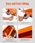 VEVOR 1100 lb hydraulic lift table cart, orange metal frame with four wheels; assembly steps infographic