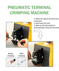 Industrial Grade Pneumatic Crimping Machine That Delivers Reliable Air Powered Wire Terminal Crimping Plier Performance For Shop Floors And No Sweat Repairs On Stranded Cables, hands demonstrating crimping process.