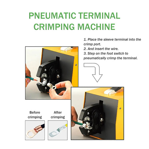 Industrial Grade Pneumatic Crimping Machine That Delivers Reliable Air Powered Wire Terminal Crimping Plier Performance For Shop Floors And No Sweat Repairs On Stranded Cables, hands demonstrating crimping process.