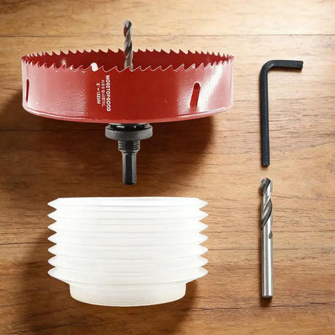 Moretopgood 6 Inch HSS Bi-Metal Hole Saw Kit With Arbor And Dust Bowl on wooden surface with hex key and drill bit.