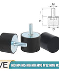 Badass Heavy Duty Rubber Shock Absorber Mounts With Male Threaded Ends For Air Compressors Mini Split Heat Pumps And Industrial Machinery. Three black rubber mounts with threaded metal ends.