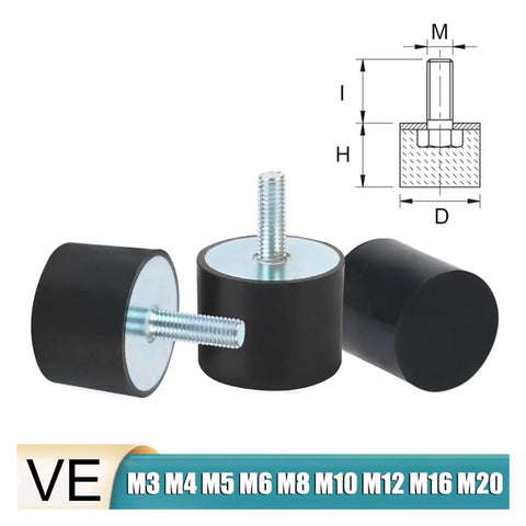 Badass Heavy Duty Rubber Shock Absorber Mounts With Male Threaded Ends For Air Compressors Mini Split Heat Pumps And Industrial Machinery. Three black rubber mounts with threaded metal ends.