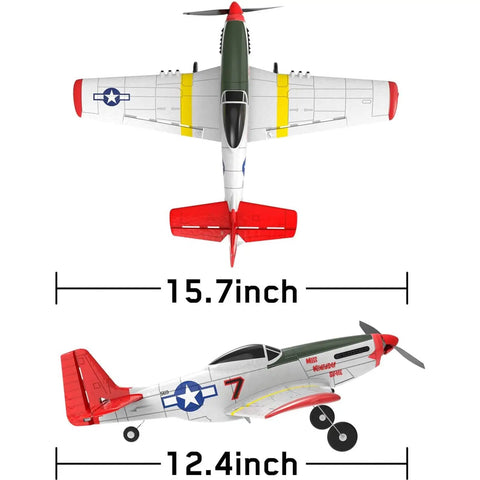 Top and side view of Remote Control Warbird Plane With Four Channel Flight For Outdoors Ready To Fly RTF, dimensions shown.