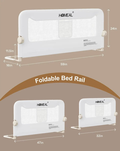 59 Inch Toddler Bed Rail with Swing Down Guard, White Finish, illustrated with measurements for king and queen beds.