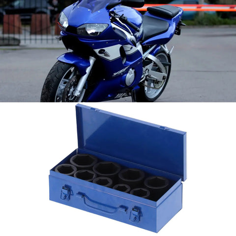 Top Tier 9PC Deep Impact Socket Set With 6 Point Grip For Heavy Duty Auto Repair Jobs That Won`t Slip Or Rust And Get The Job Done Right Away Today, blue metal case, 9 sockets