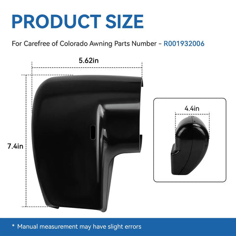 RV Awning End Cap Replacement Kit R001932006 Left Side Black, dimensions 7.4in x 5.62in x 4.4in, for Compass and Altitude Awnings.