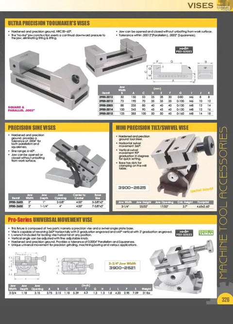 Catalog page showing various precision vices including 3 Inch Parallel Vise Without Slot For Milling And Machining Hardened And Ground V Way Precision Square And Parallel To 0.0002 In Jaw Depth 1.38 In No Clamping Slot Reliable Shop Bench Vise For Precise Work and others.