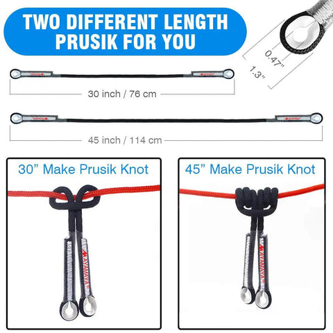Beefed Up Prusik Cord With Pre Sewn Loop 10mm Climbing Rope Eye To Eye Double Braid 2 Pack CE Certified, 30 and 45 Inch Lengths