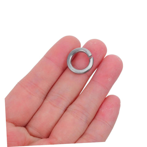 100 Pcs Stainless Steel Spring Lock Washer Kit for Bolts and Nuts Heavy Duty Anti Loosening and Vibration Proof Washers Fastener Set for Car Assembly and General Repair, stainless steel lock washer on fingers