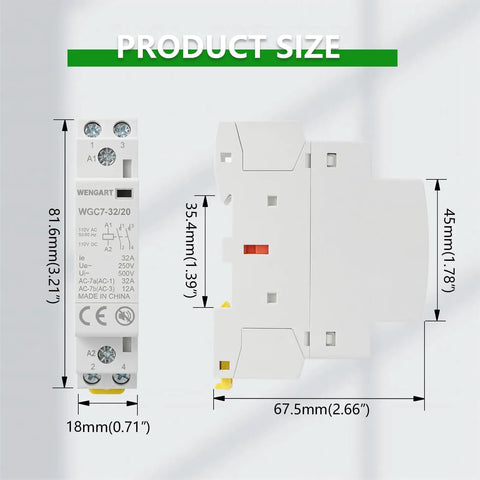 Dead Silent 32A AC DC Contactor Relay 2 Pole 2No Din Rail Heavy Duty Electrical Mod Knock Out Coil Buzz dimensions on white background.