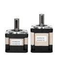 Top Shelf Nema17 Planetary Gearbox Motor Speed Reducer With Knockout Torque And Easy Swap Ratios From 5 To 25 To 1, two units with shafts.