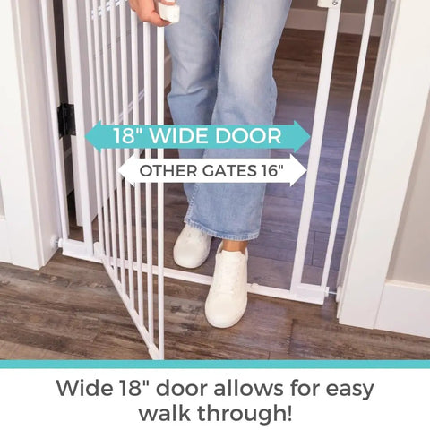 Ninja Level Heavy Duty Auto Close Baby Gate Featuring Hella Low Half Inch Threshold with 18 inch wide door for easy walk-through.