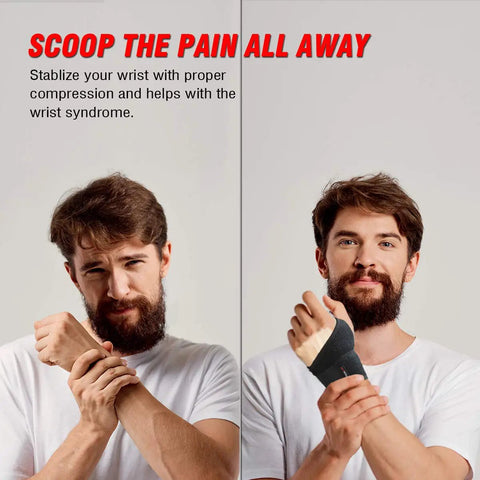 Man wearing All Day Ultra Comfy Carpal Tunnel Wrist Support on left hand, showing relief from pain
