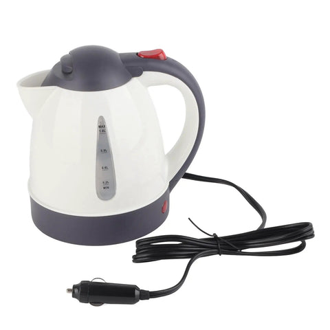 24V Car Kettle 1000ML Electric Water Heater 304 Stainless Steel Rapid Heating Pot side view with power cord for travel use