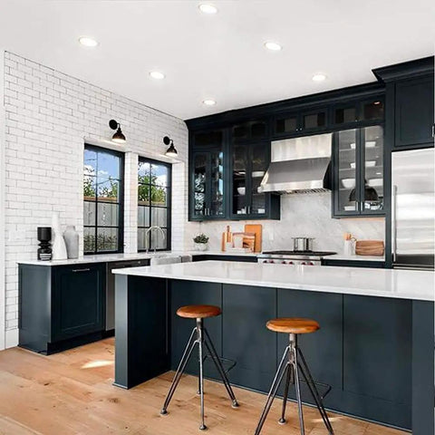 WKNHHL 4 Pack Led Recessed Lighting illuminating a modern kitchen with dark cabinets and marble countertop.