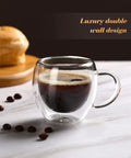 Double Wall Insulated Espresso Cups Set Of Two Borosilicate Glass Demitasse Mugs With Handle Heat Resistant Shot Glasses Straight Up Kitchen Essential Microwave Safe Daily Grind Must Have with dark coffee and coffee beans.