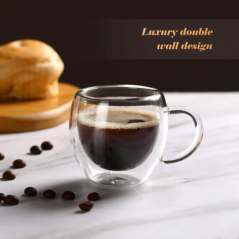 Double Wall Insulated Espresso Cups Set Of Two Borosilicate Glass Demitasse Mugs With Handle Heat Resistant Shot Glasses Straight Up Kitchen Essential Microwave Safe Daily Grind Must Have with dark coffee and coffee beans.