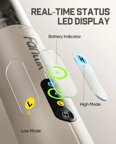 Slim V10 Ultra Cordless Car Vacuum LED display showing battery indicator, high and low modes.