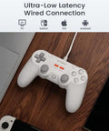 Retro 90s Themed Wired Game Controller For Switch Android iOS PC Steam with Hall Effect Sticks on wooden surface.