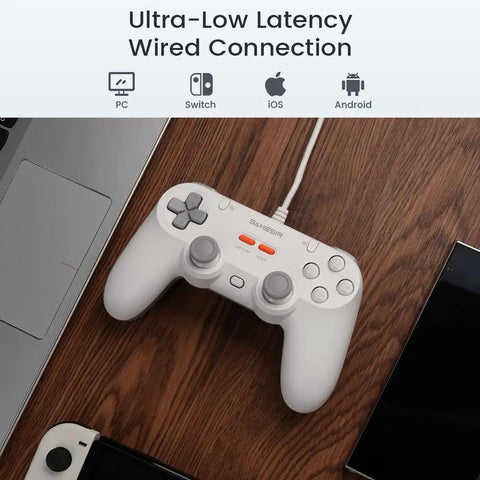 Retro 90s Themed Wired Game Controller For Switch Android iOS PC Steam with Hall Effect Sticks on wooden surface.